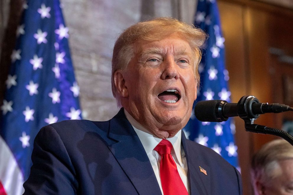 PHOTO: Former President Donald Trump speaks at a campaign event at the South Carolina Statehouse, Jan. 28, 2023, in Columbia, S.C.