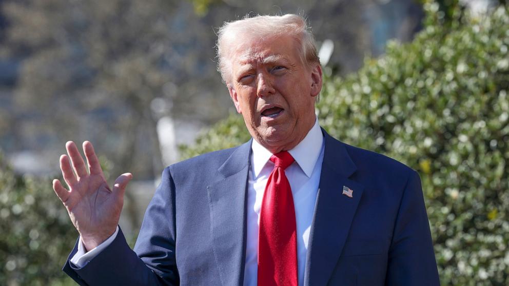 PHOTO: President Donald Trump speaks to reporters on the South Lawn of the White House Tuesday, March 11, 2025, in Washington.