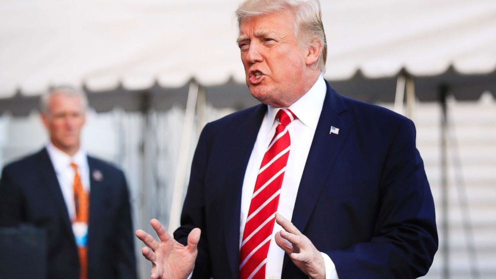 President Donald Trump speaks to reporters before leaving the White House on his way to Greensboro, N.C., Oct. 7, 2017.