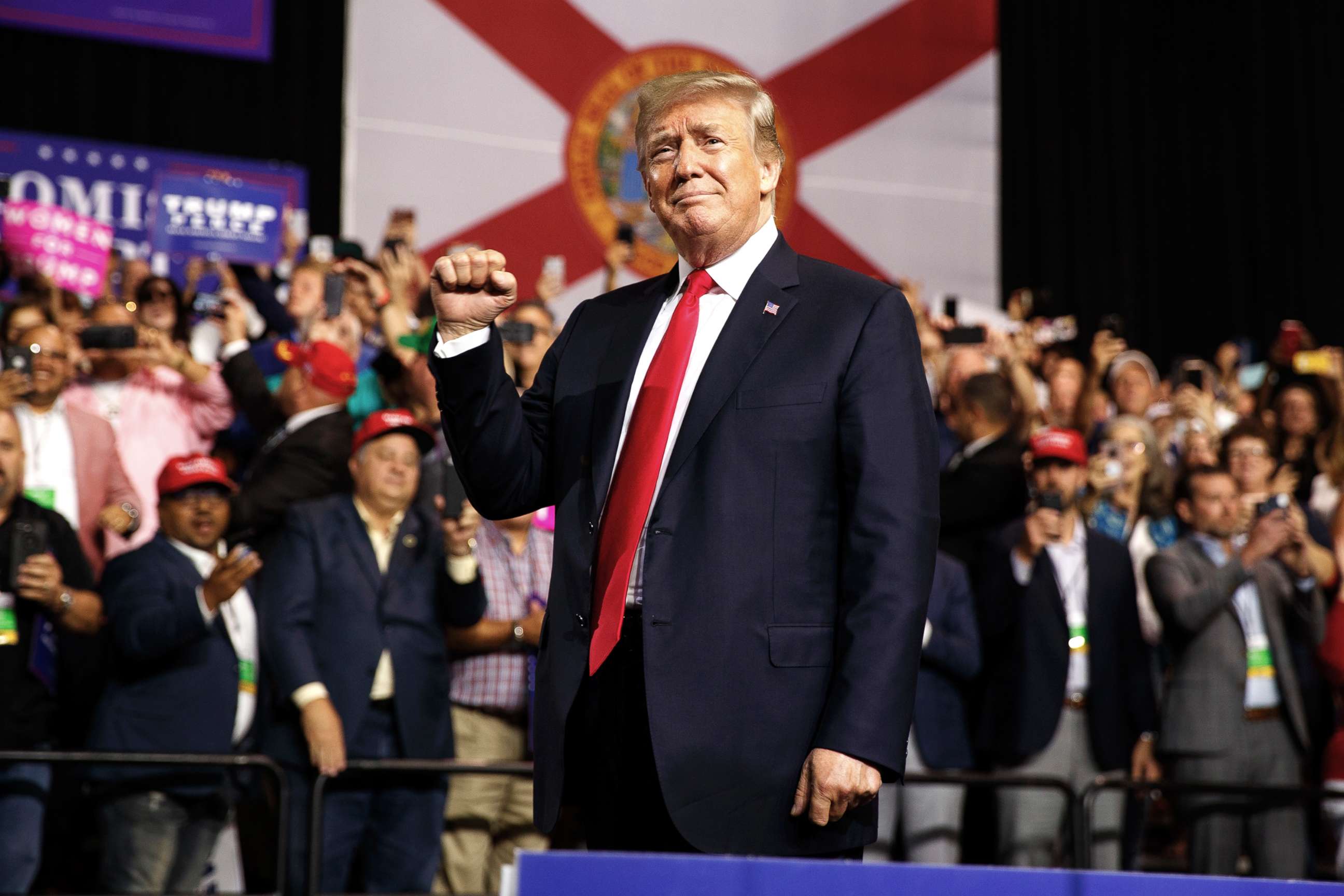 PHOTO: President Donald Trump arrives for a campaign rally at Florida State Fairgrounds Expo Hall, on July 31, 2018, in Tampa, Fla. 