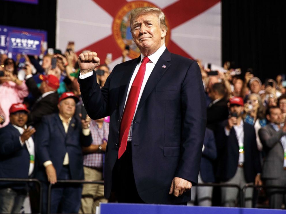 PHOTO: President Donald Trump arrives for a campaign rally at Florida State Fairgrounds Expo Hall, on July 31, 2018, in Tampa, Fla.