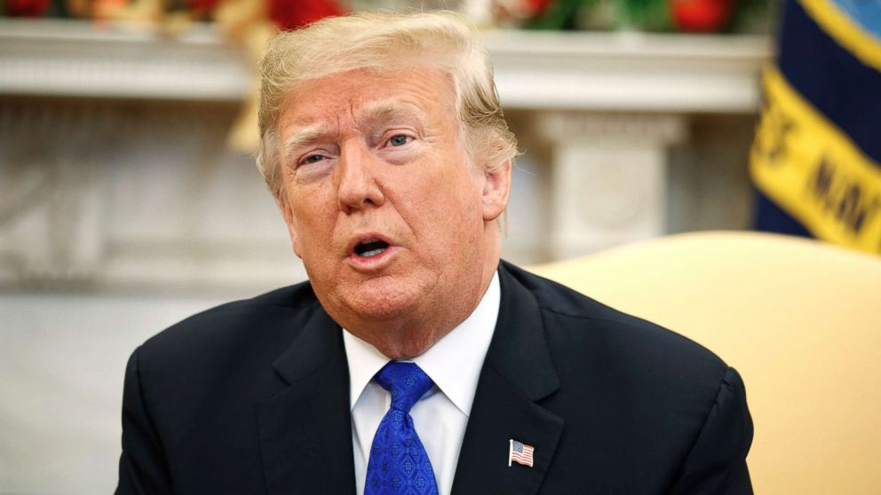 PHOTO: President Donald Trump speaks during a meeting with Democratic leaders the Oval Office of the White House in Washington, Dec. 11, 2018.