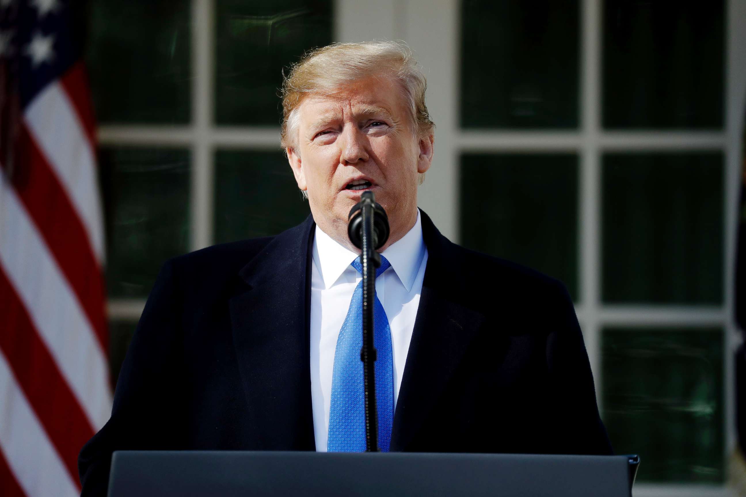 PHOTO: President Donald Trump speaks during an event in the Rose Garden at the White House to declare a national emergency in order to build a wall along the southern border in Washington, D.C., Feb. 15, 2019.