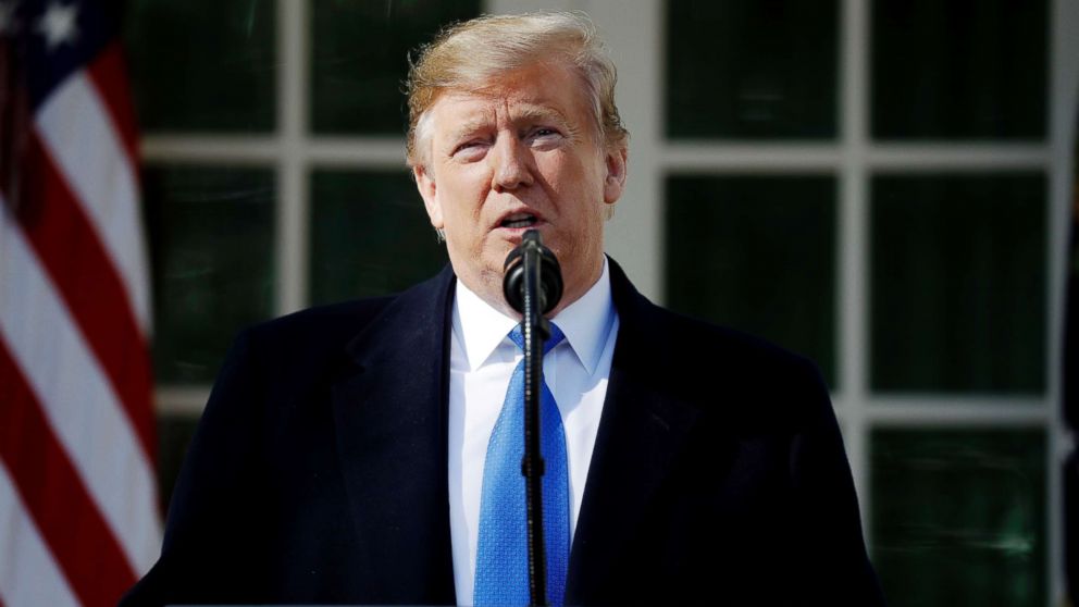  President Donald Trump speaks during an event in the Rose Garden at the White House to declare a national emergency in order to build a wall along the southern border in Washington, D.C., Feb. 15, 2019.
     