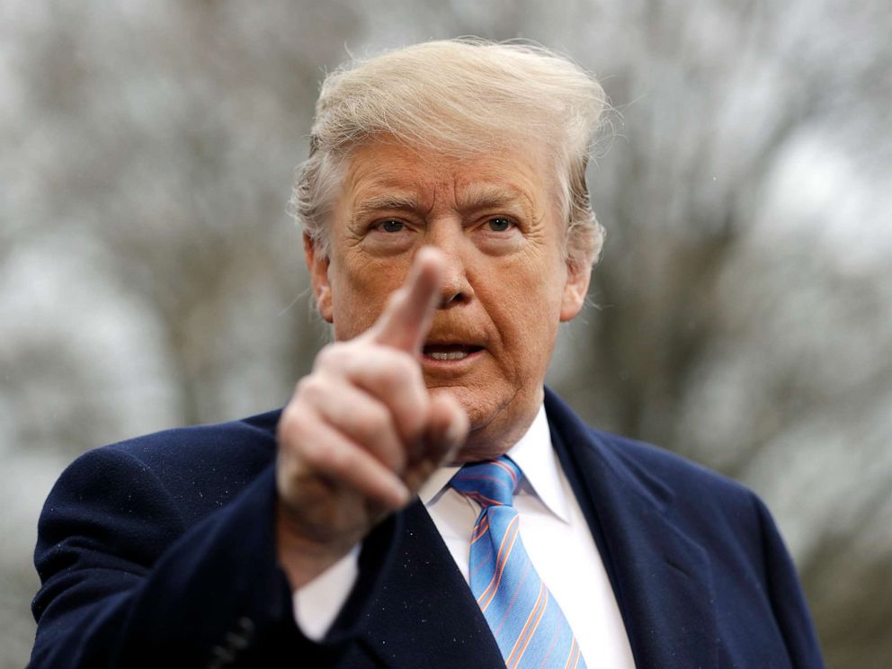 PHOTO: President Donald Trump speaks with reporters before boarding Marine One on the South Lawn of the White House, Friday, April 5, 2019, in Washington.