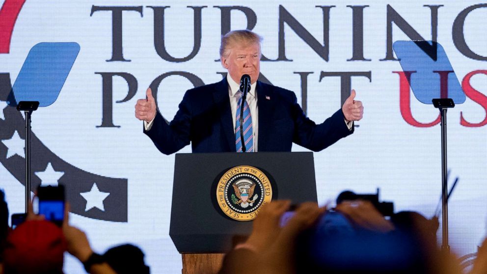 PHOTO: President Donald Trump takes the stage at Turning Point USA Teen Student Action Summit in Washington, D.C., July 23, 2019.