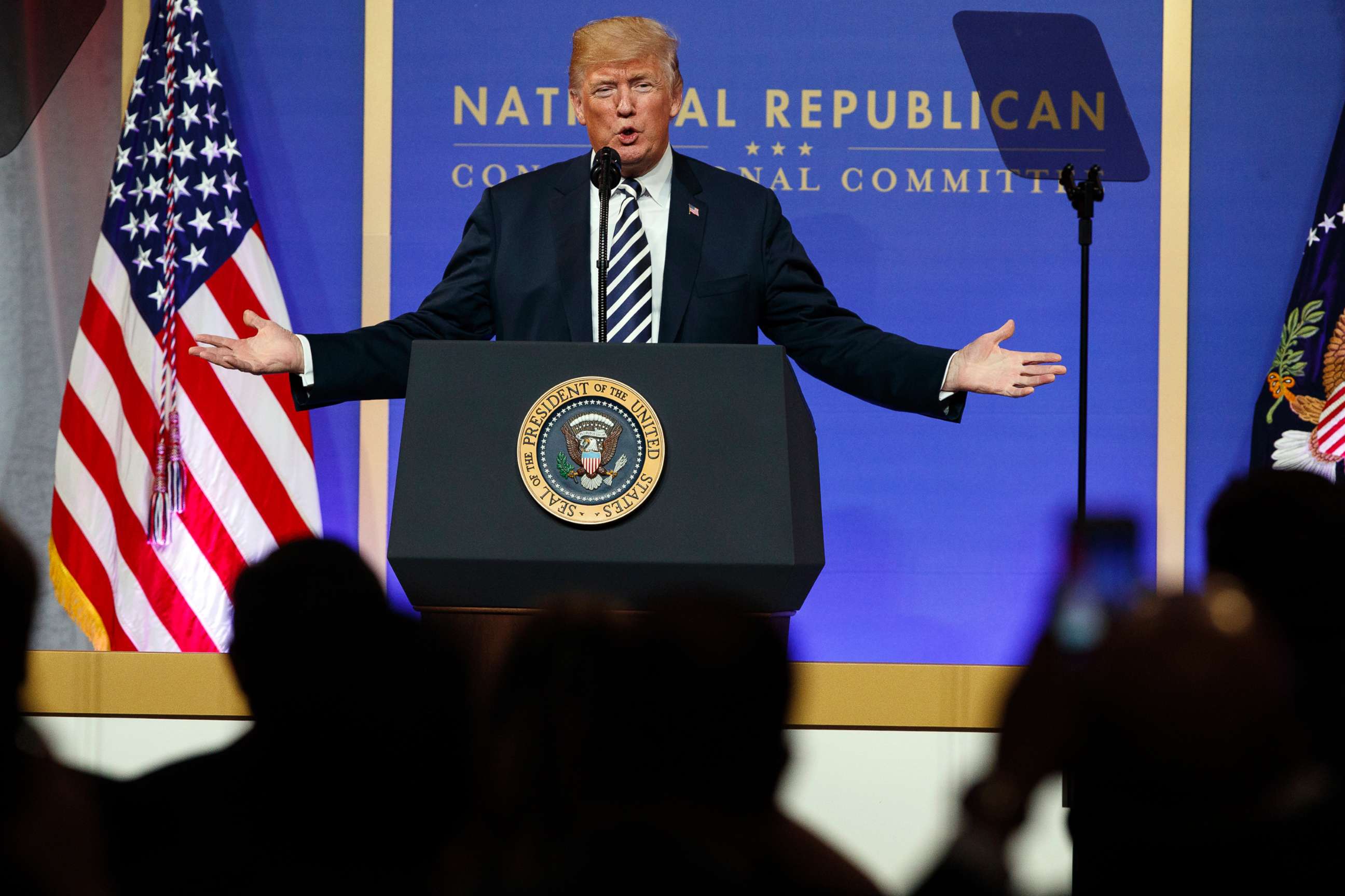 PHOTO: President Donald Trump speaks at the National Republican Congressional Committee March Dinner in Washington, D.C., March 20, 2018.