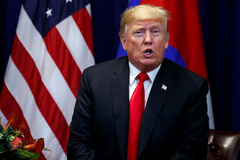 PHOTO: President Donald Trump speaks during a meeting with South Korean President Moon Jae-In at the Lotte New York Palace hotel in New York, Sept. 24, 2018.