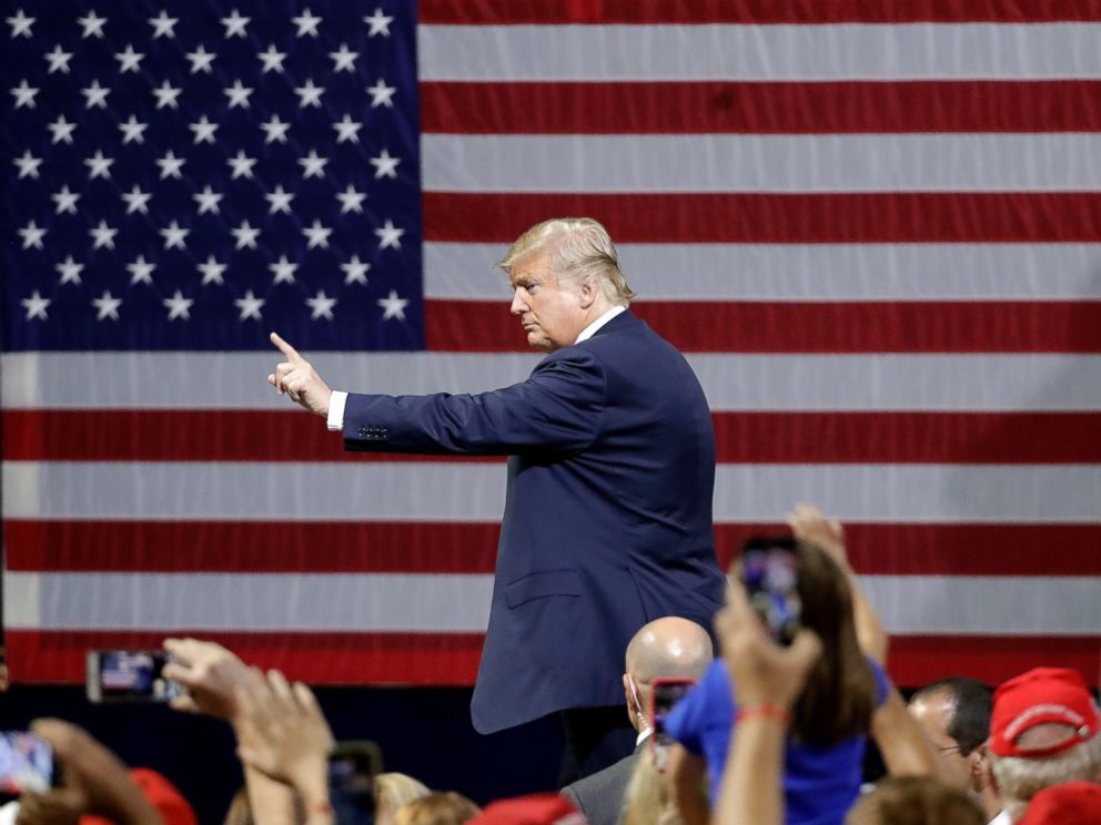 PHOTO: President Donald Trump waves to the crowd as he leaves a rally Monday, Oct. 1, 2018, in Johnson City, Tenn.