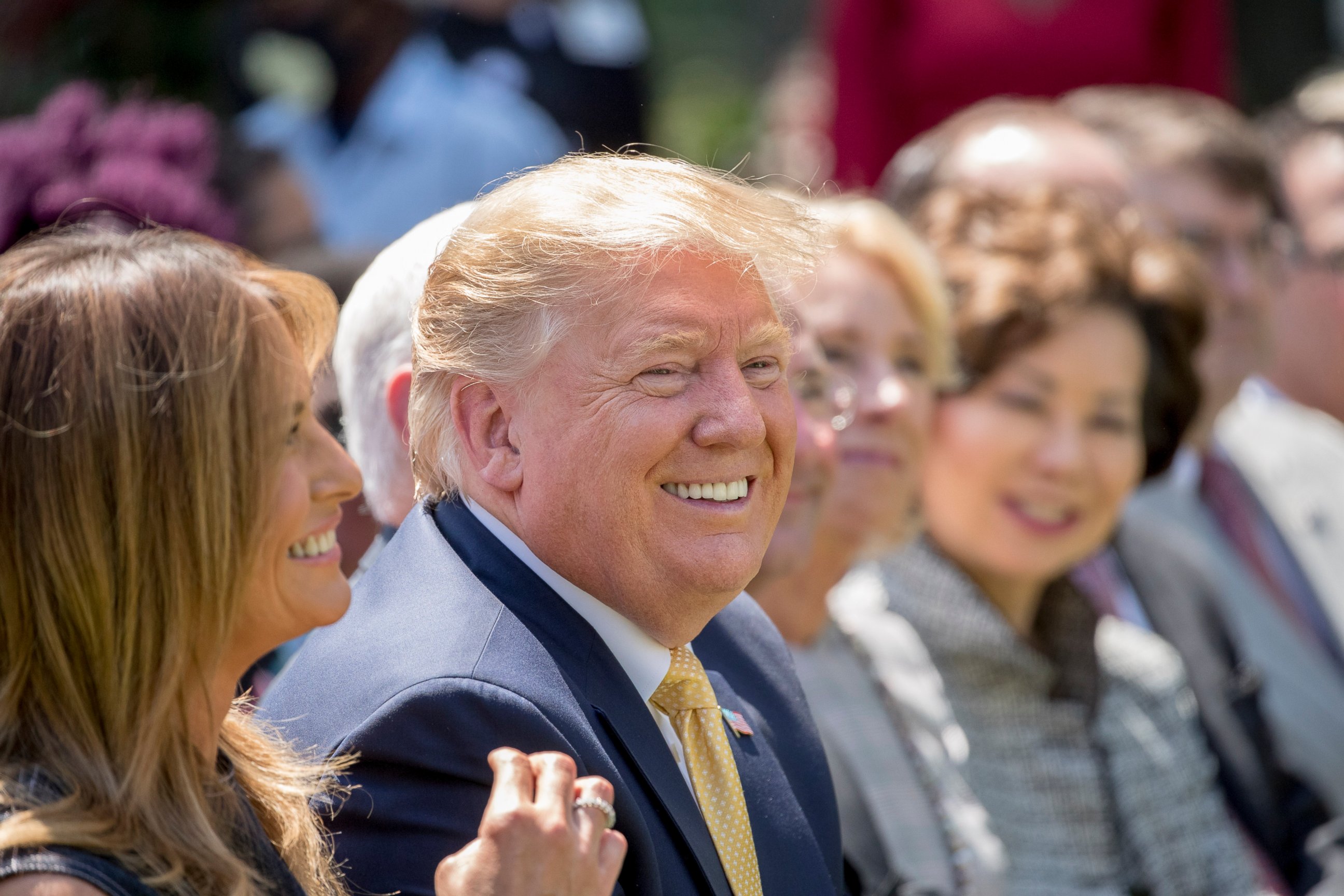 PHOTO: President Donald Trump and First lady Melania Trump, left, smile during a one year anniversary event for her Be Best initiative in the Rose Garden of the White House, Tuesday, May 7, 2019, in Washington.