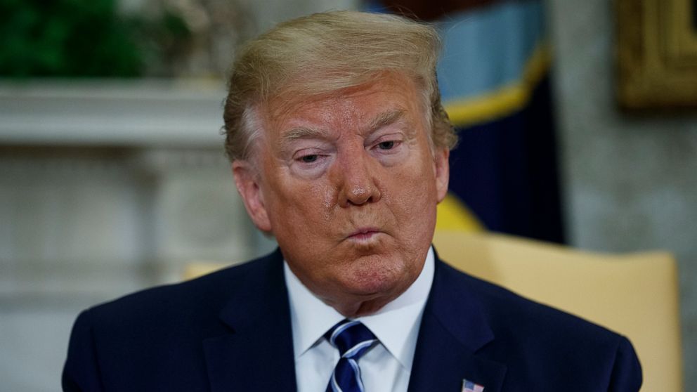 PHOTO: President Donald Trump listens to a question during a meeting with Canadian Prime Minister Justin Trudeau in the Oval Office of the White House, Thursday, June 20, 2019, in Washington.