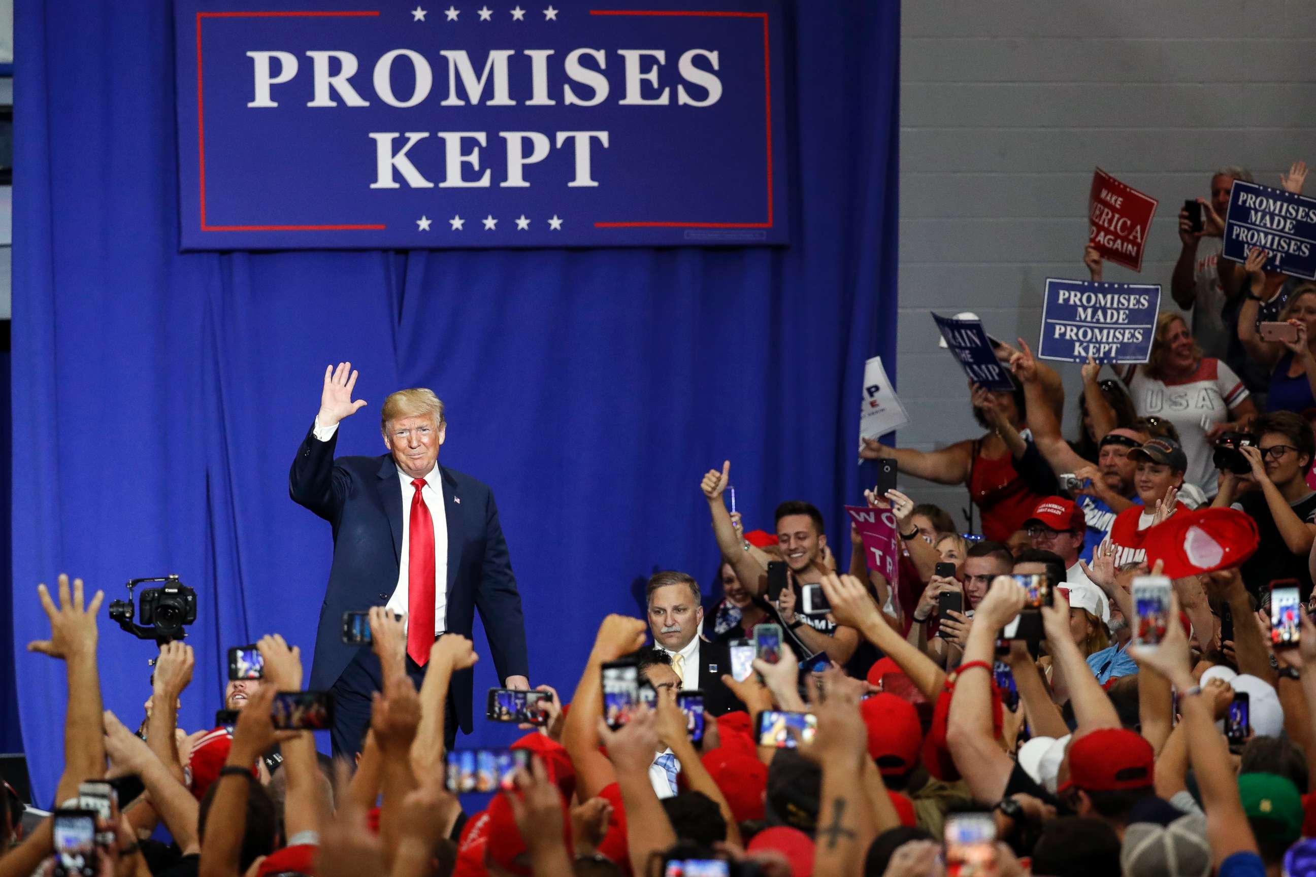 PHOTO: President Donald Trump greets the crowd during a rally, Aug. 4, 2018, in Lewis Center, Ohio.