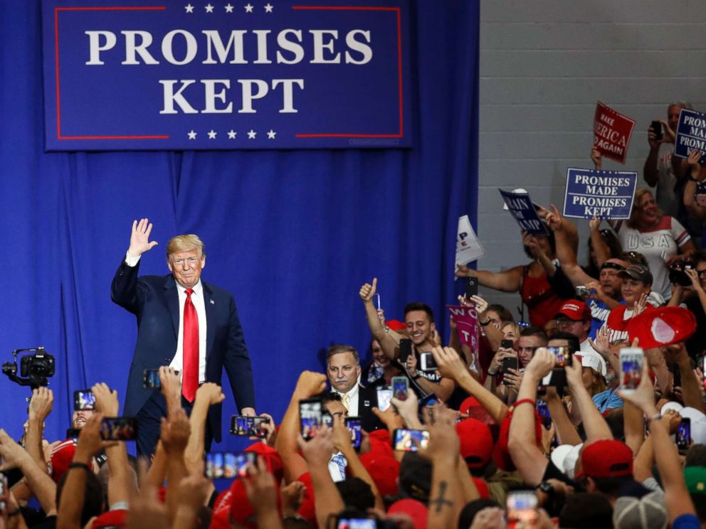 PHOTO: President Donald Trump greets the crowd during a rally, Aug. 4, 2018, in Lewis Center, Ohio.