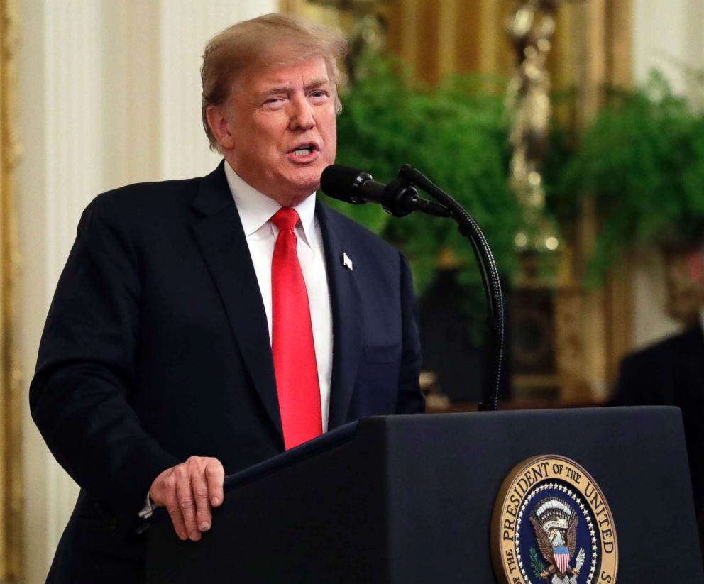 PHOTO: President Donald Trump speaks during a ceremony to award the Medal of Honor to former Army Staff Sgt. Ronald J. Shurer II for actions in Afghanistan, in the East Room of the White House, Oct. 1, 2018, in Washington.