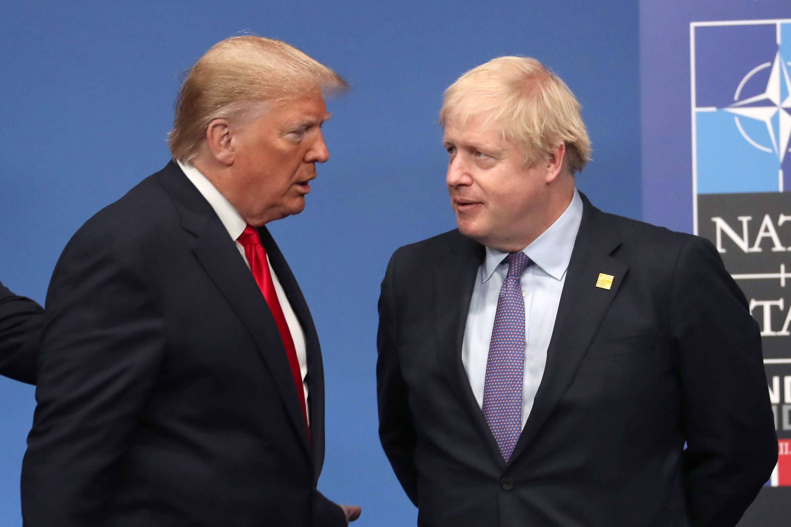 PHOTO: President Donald Trump and British Prime Minister Boris Johnson onstage during the annual NATO heads of government summit on Dec. 4, 2019, in Watford, England.