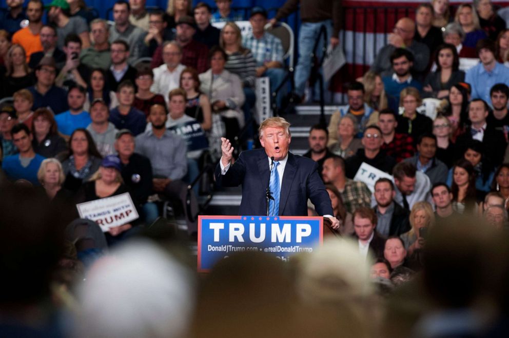 PHOTO: Then-Republican presidential candidate Donald Trump addresses supporters during a campaign rally at the Greater Columbus Convention Center on Nov. 23, 2015, in Columbus, Ohio.