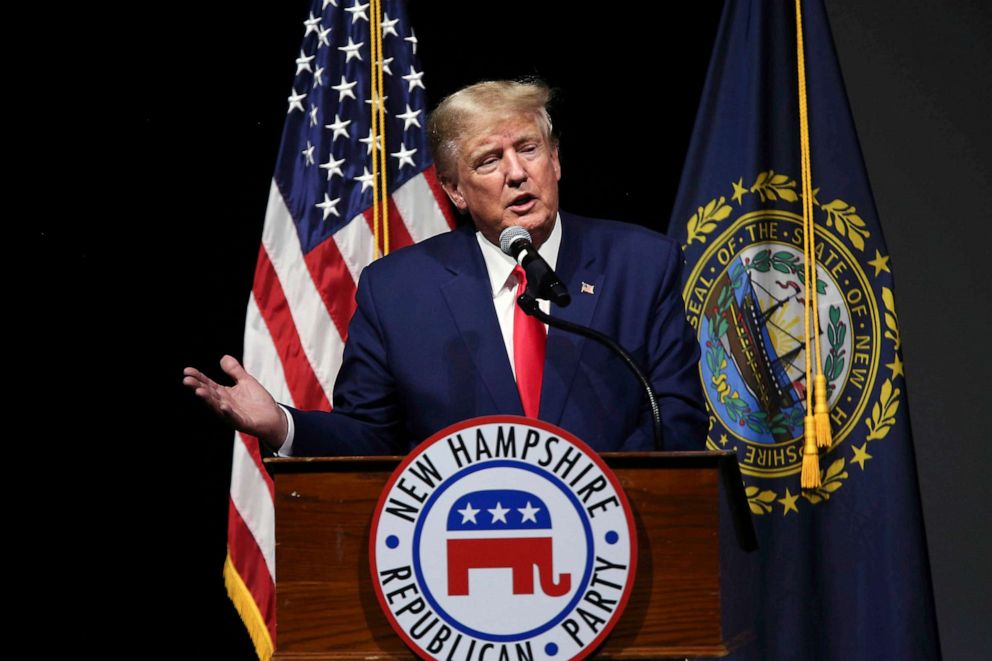 PHOTO: Former President Donald Trump speaks during the New Hampshire Republican State Committee 2023 annual meeting, Jan. 28, 2023, in Salem, N.H.