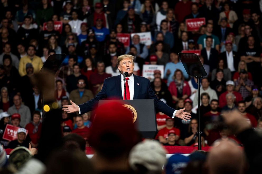 PHOTO: President Donald Trump speaks at a "Keep America Great" campaign rally at the Huntington Center on Jan. 9, 2020, in Toledo, Ohio.