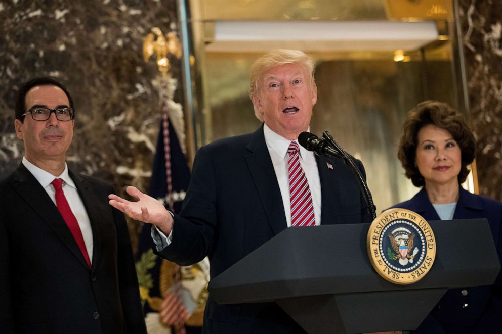 PHOTO: President Donald Trump delivers remarks and answers questions about events in Charlottesville following a meeting on infrastructure at Trump Tower, Aug. 15, 2017, in New York.