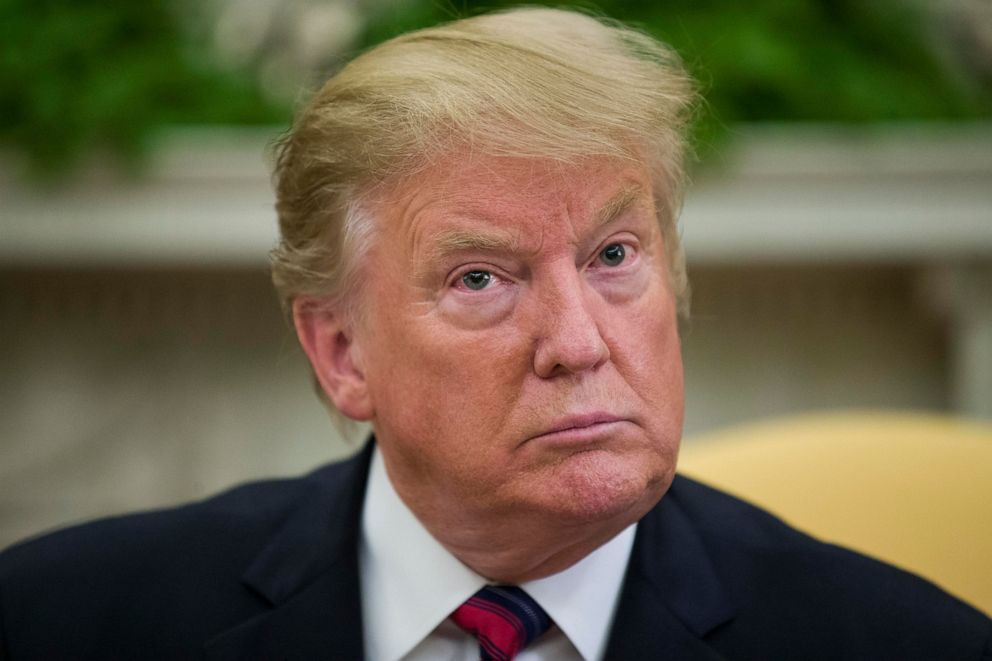 PHOTO: President Donald Trump pauses while speaking during a meeting in the Oval Office of the White House, Friday, May 3, 2019, in Washington.