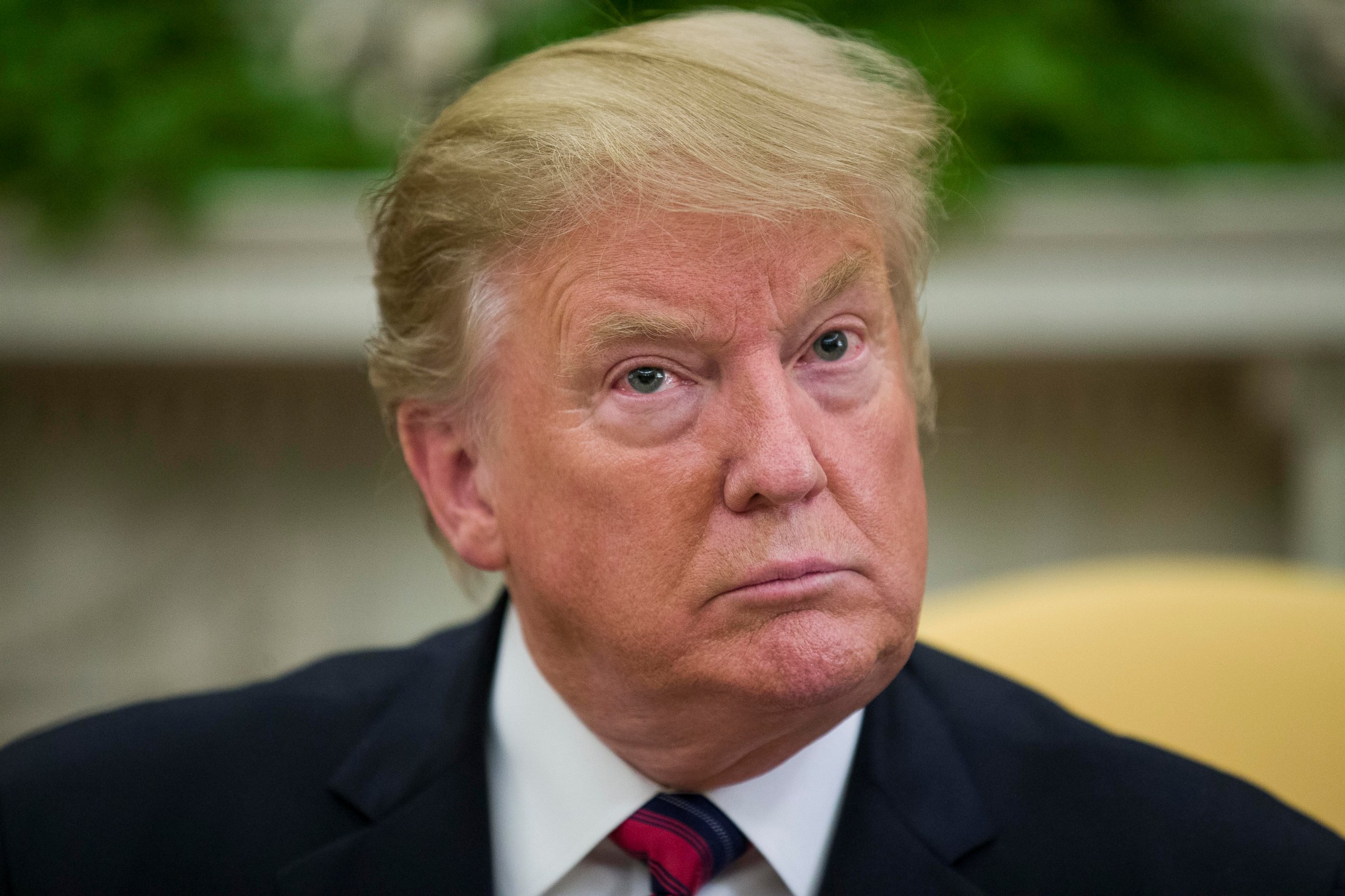 PHOTO: President Donald Trump pauses while speaking during a meeting with Slovak Prime Minister Peter Pellegrini in the Oval Office of the White House, Friday, May 3, 2019, in Washington.