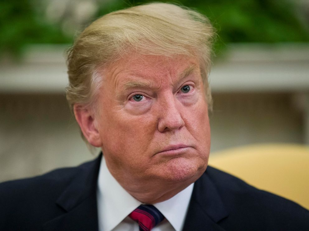 PHOTO: President Donald Trump pauses during a meeting with Slovak Prime Minister Peter Pellegrini at the Oval Office of the White House on Friday, May 3, 2019 in Washington.