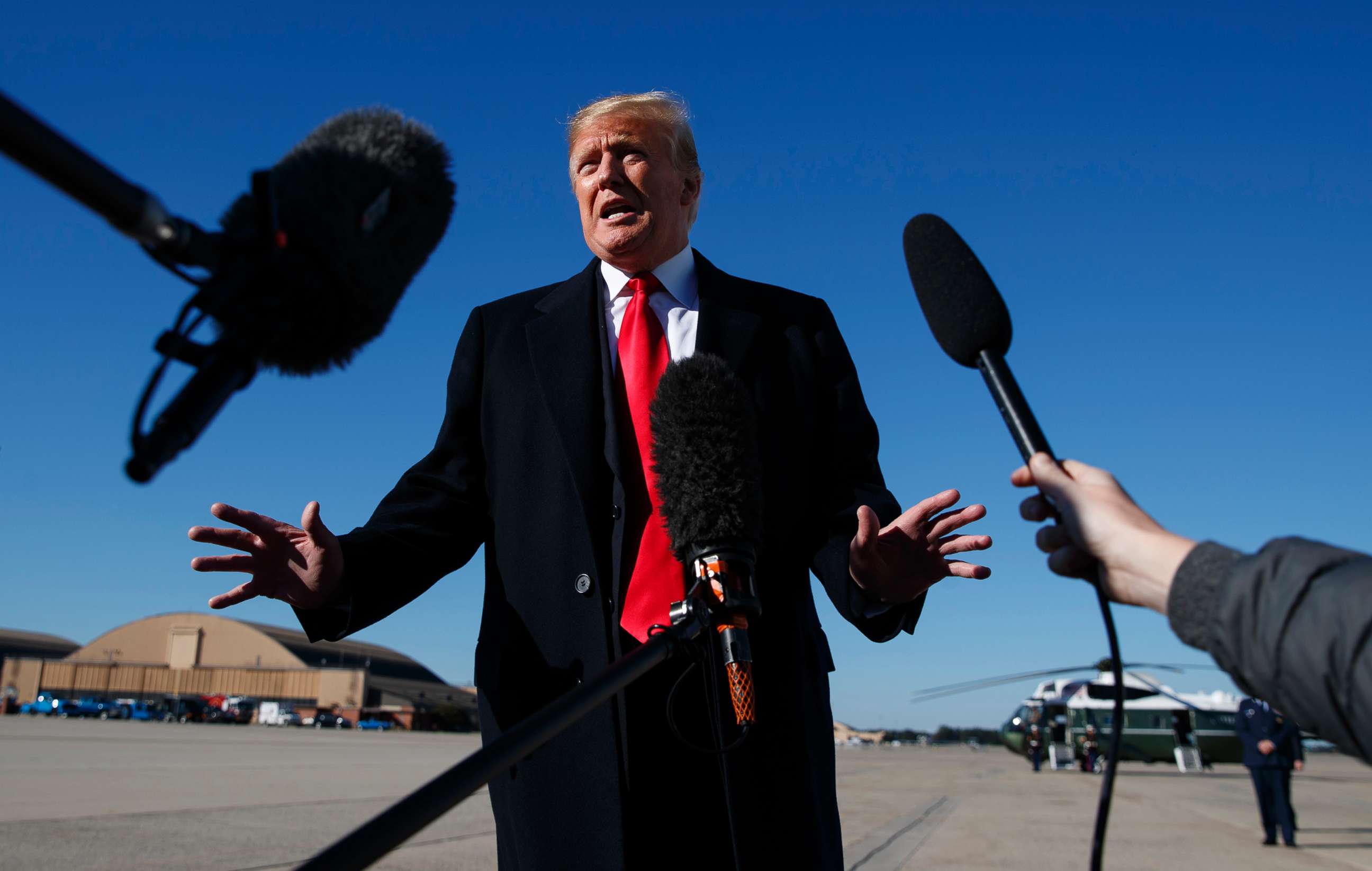 PHOTO: President Donald Trump talks to the media about Jamal Khashoggi before boarding Air Force One, Oct. 18, 2018, in Andrews Air Force Base, Md.