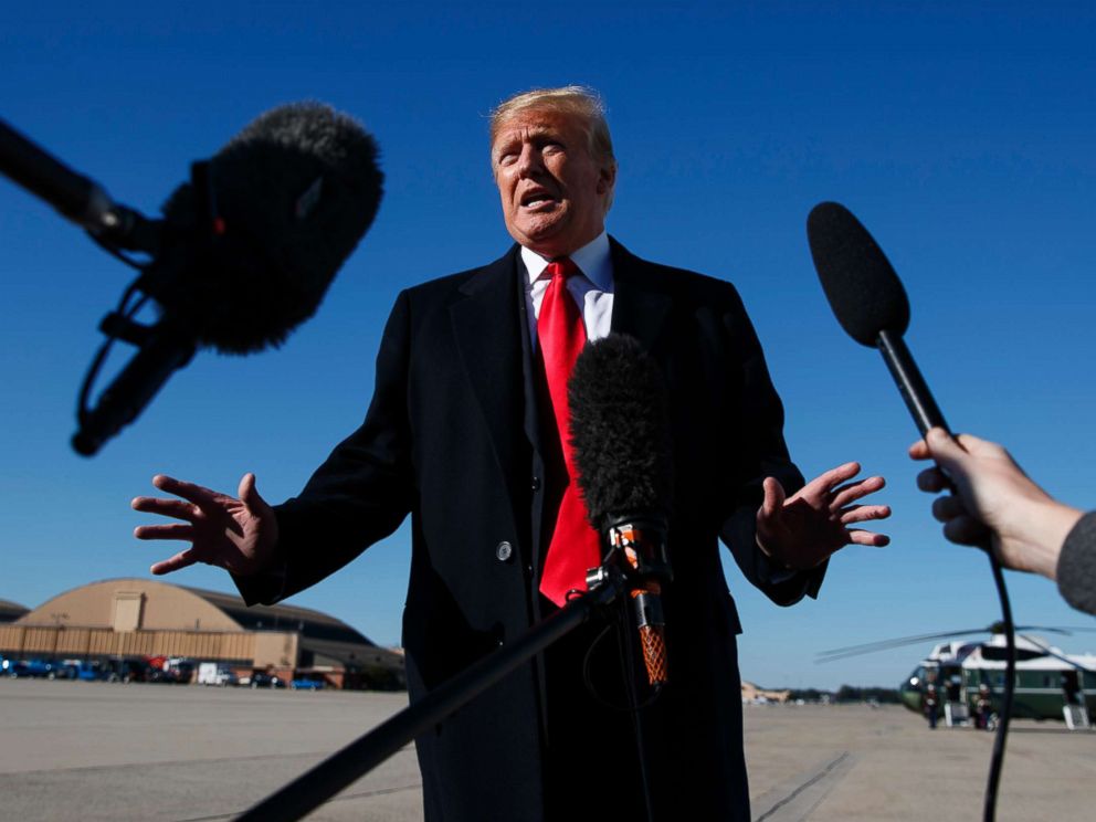PHOTO: President Donald Trump talks to the media about Jamal Khashoggi before boarding Air Force One, Oct. 18, 2018, in Andrews Air Force Base, Md.