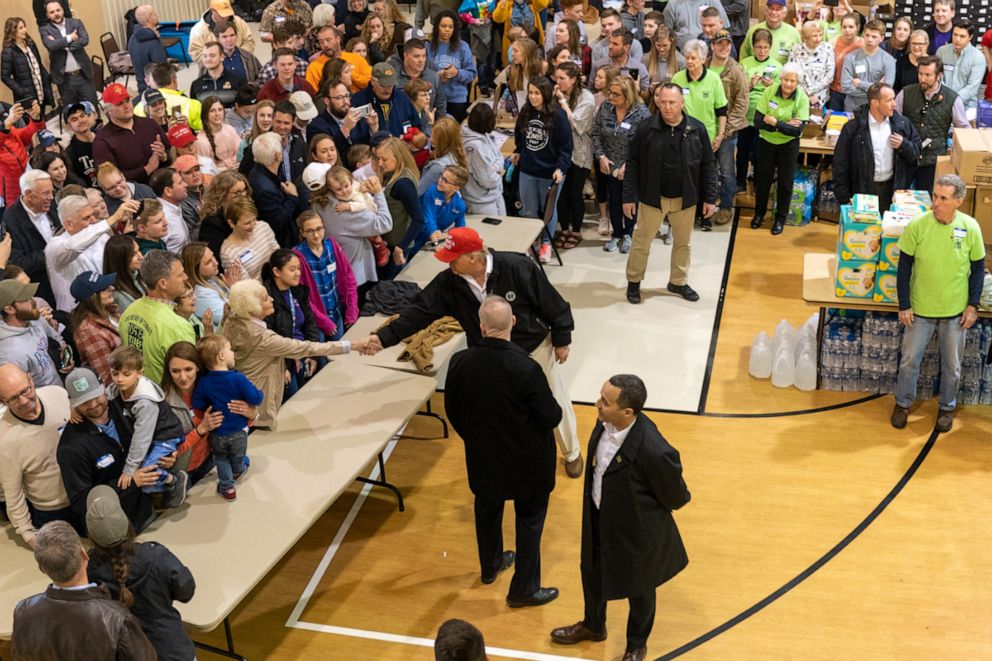 PHOTO: In an official White House photo, President Donald J. Trump visits the emergency relief site at the Church of Christ in Cookeville, Tenn., Friday, March 6, 2020, and meets residents, church staff and guests impacted by a deadly tornado.