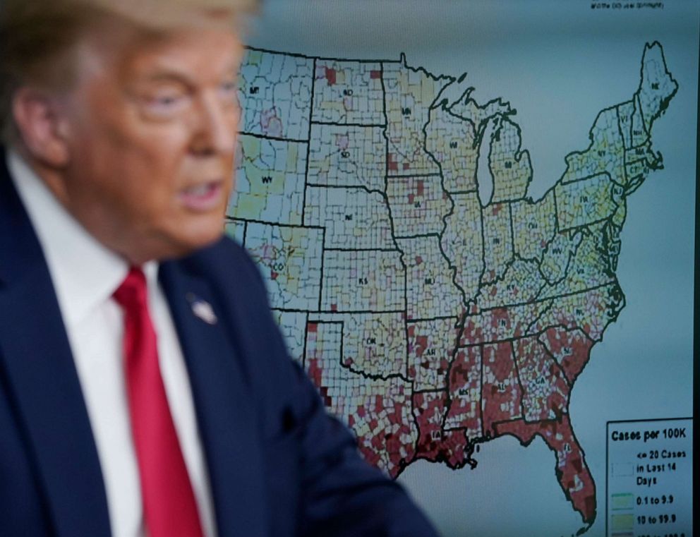 PHOTO: President Donald Trump speaks during a news conference about his administration's response to the ongoing coronavirus pandemic at the White House on July 23, 2020, in Washington.