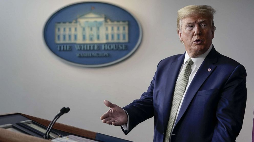 PHOTO: President Donald Trump, joined by members of the Coronavirus Task Force, speaks about the coronavirus outbreak in the press briefing room at the White House on March 17, 2020, in Washington.