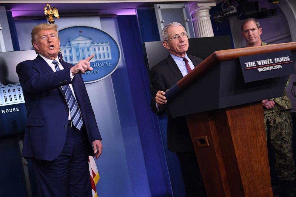 PHOTO: President Donald Trump speaks to the press while Director of the National Institute of Allergy and Infectious Diseases Anthony Fauci speaks during a briefing after a Coronavirus Task Force meeting at the White House on April 5, 2020, in Washington.