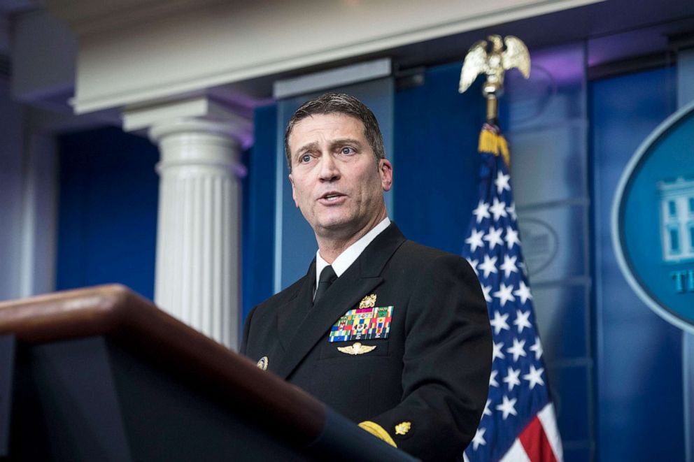 PHOTO:  White House physician Dr. Ronny Jackson speaks to reporters during the daily briefing in the Brady press briefing room at the White House, Jan. 16, 2018.