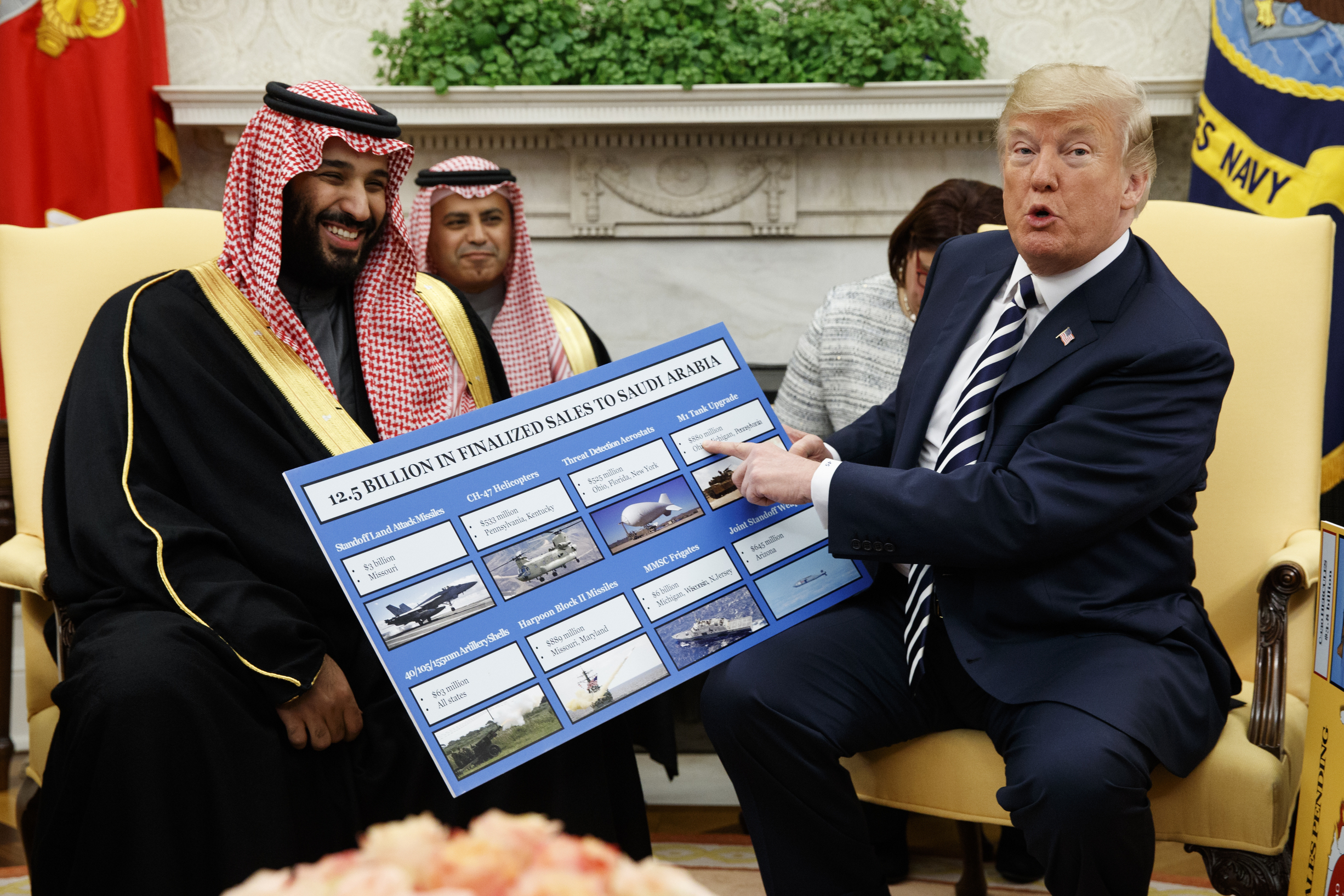 PHOTO: President Donald Trump shows a chart highlighting arms sales to Saudi Arabia during a meeting with Saudi Crown Prince Mohammed bin Salman in the Oval Office of the White House in Washington on March 20, 2018.