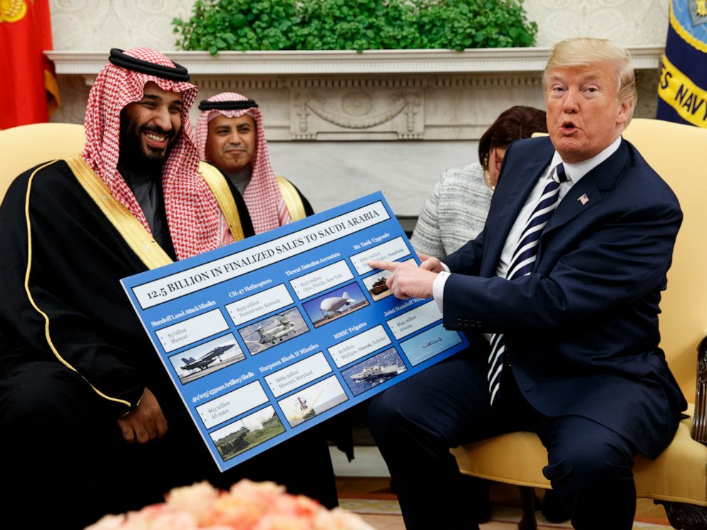 PHOTO: President Donald Trump shows a chart highlighting arms sales to Saudi Arabia during a meeting with Saudi Crown Prince Mohammed bin Salman in the Oval Office of the White House in Washington on March 20, 2018.