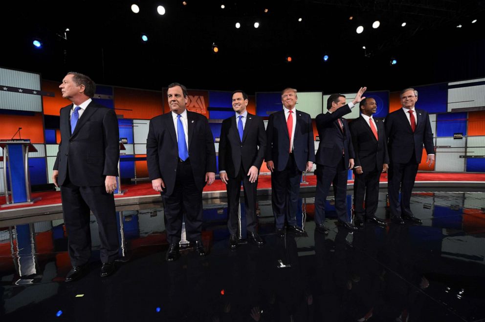 PHOTO: Republican Presidential candidates John Kasich, New Jersey Gov. Chris Christie, Senator Marco Rubio, Donald Trump, Senator Ted Cruz, Ben Carson, and Jeb Bush participate in a debate in Charleston, South Carolina, Jan. 14, 2016.