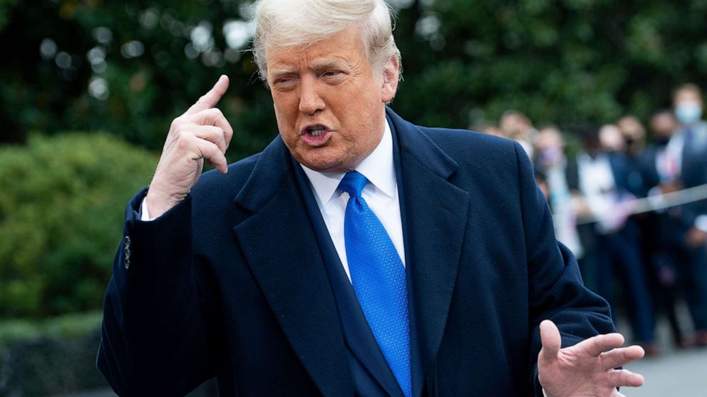 PHOTO: President Donald Trump speaks to the media as he walks to Marine One prior to departing from the South Lawn of the White House in Washington, Oct. 27, 2020, as he travels on a 3-day campaign trip.