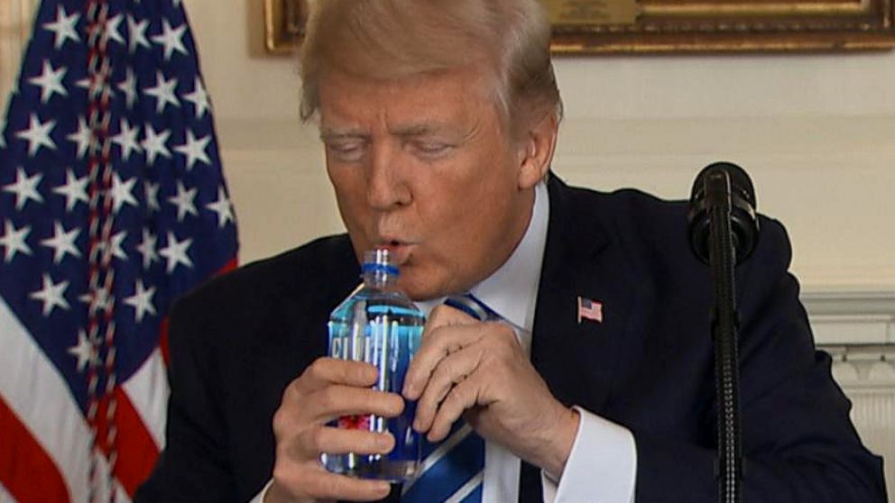 PHOTO: President Donald Trump takes a drink of water during remarks on his Asia trip in the White House in Washington, Nov. 15, 2017.