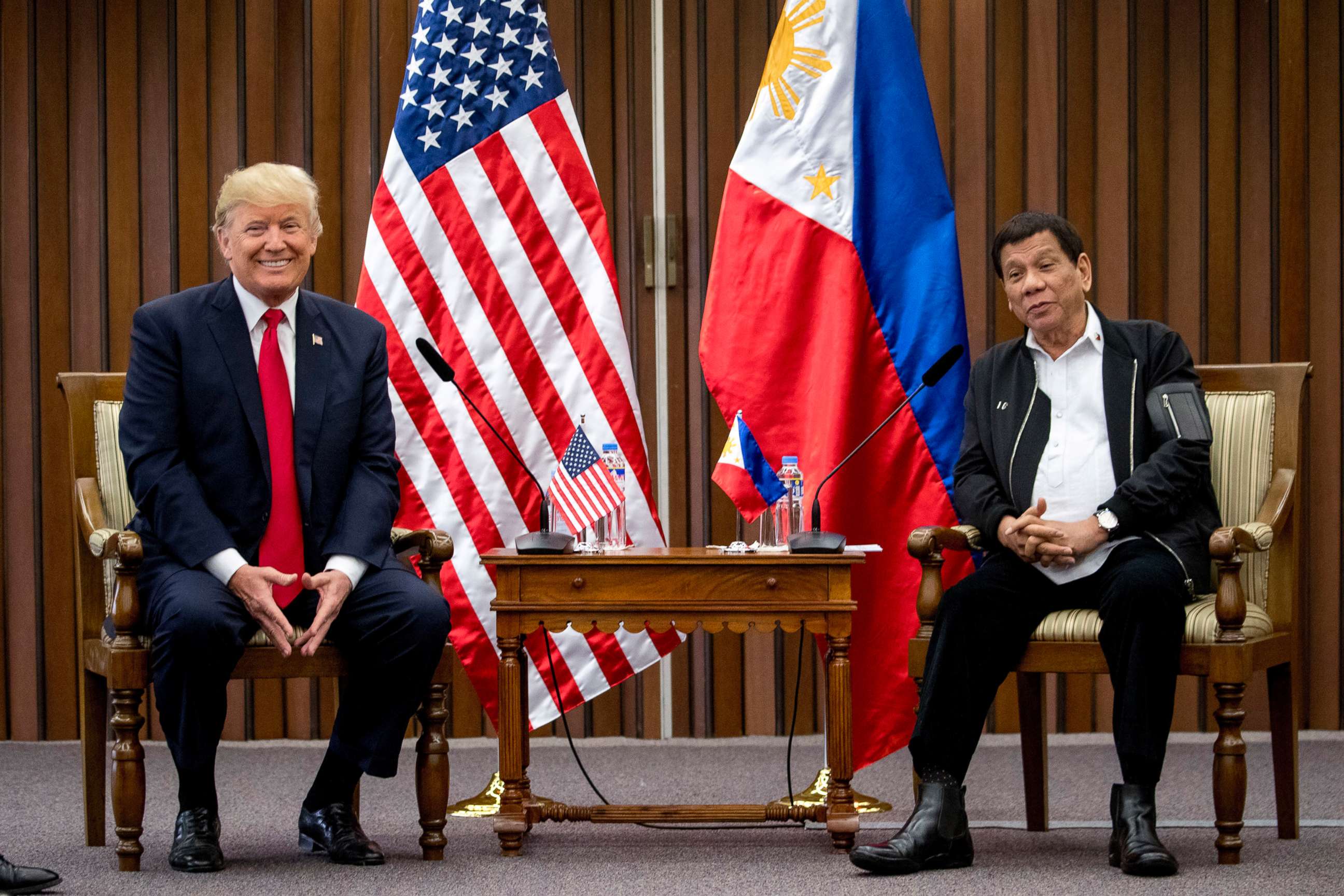 PHOTO: Philippines President Rodrigo Duterte, and President Donald Trump, speak during a bilateral meeting at the ASEAN Summit at the Philippine International Convention Center, Nov. 13, 2017, in Manila, Philippines. 