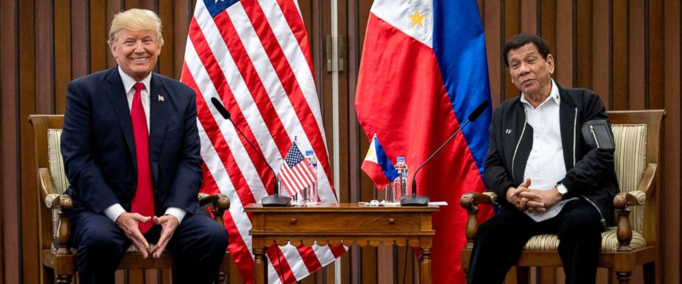 PHOTO: Philippines President Rodrigo Duterte, and President Donald Trump, speak during a bilateral meeting at the ASEAN Summit at the Philippine International Convention Center, Nov. 13, 2017, in Manila, Philippines. 
