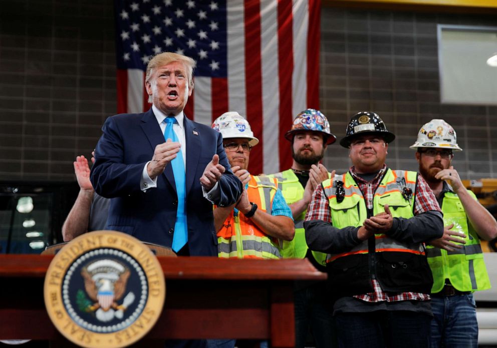 PHOTO: President Donald Trump is applauded during a campaign event at the International Union of Operating Engineers International Training and Education Center in Crosby, Texas,  April 10, 2019.