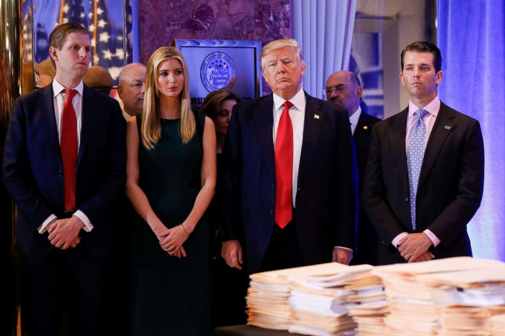 PHOTO: President-elect Donald Trump stands surrounded by his son Eric Trump, daughter Ivanka and son Donald Trump Jr., ahead of a press conference in Trump Tower in New York in this Jan. 11, 2017 file photo.