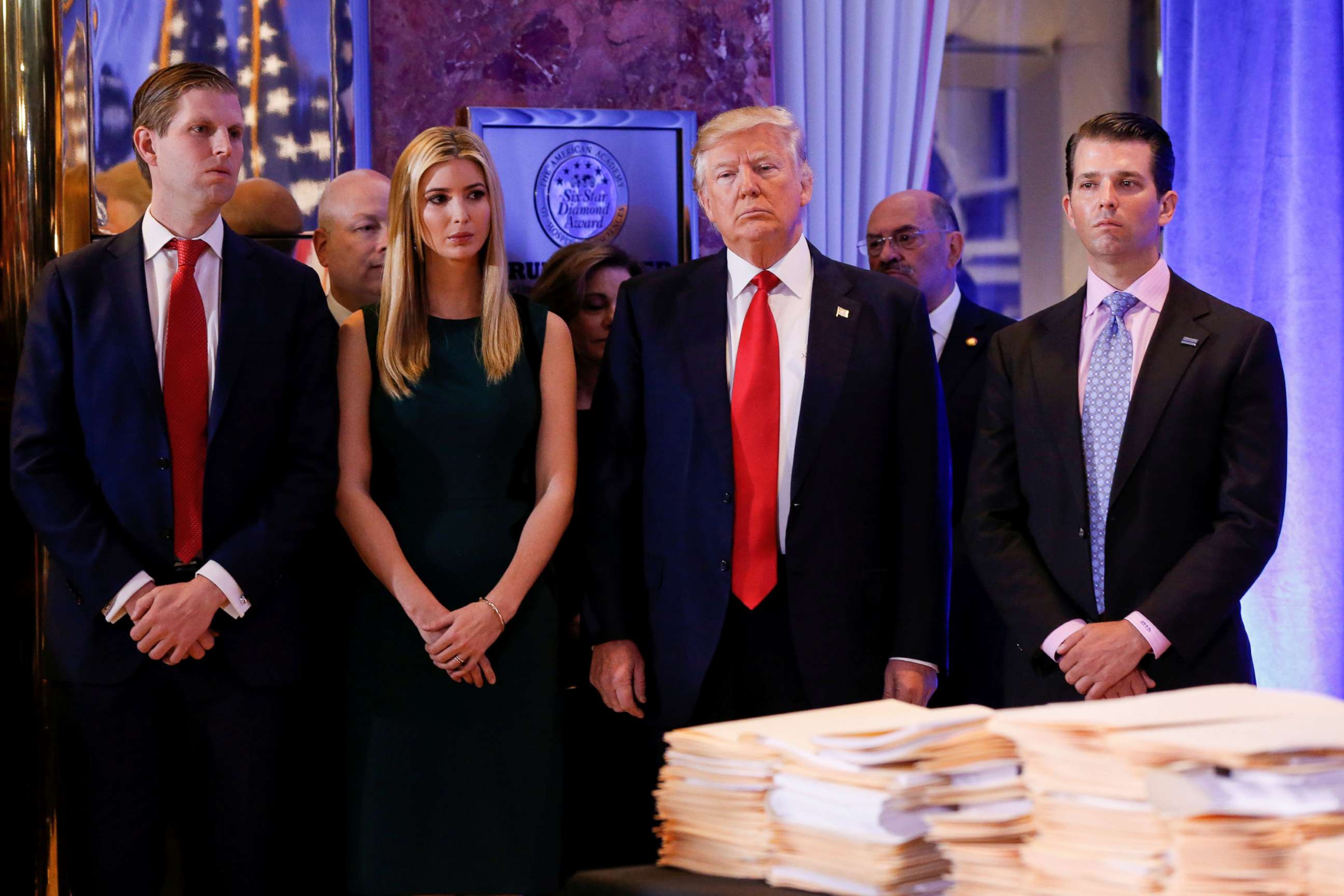 PHOTO: President-elect Donald Trump stands surrounded by his son Eric Trump, daughter Ivanka and son Donald Trump Jr., ahead of a press conference in Trump Tower in New York in this Jan. 11, 2017 file photo.