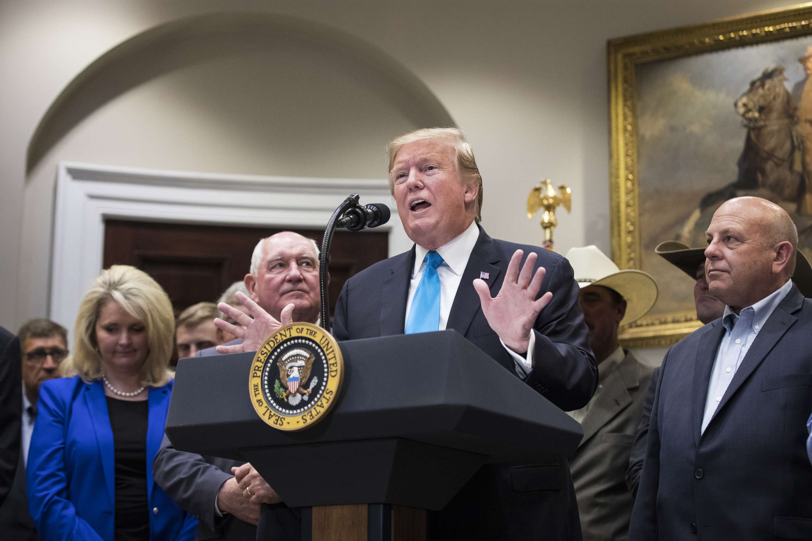 PHOTO: President Donald Trump speaks during an event with American farmers and ranchers in the Roosevelt Room of the White House in Washington, May 23, 2019.