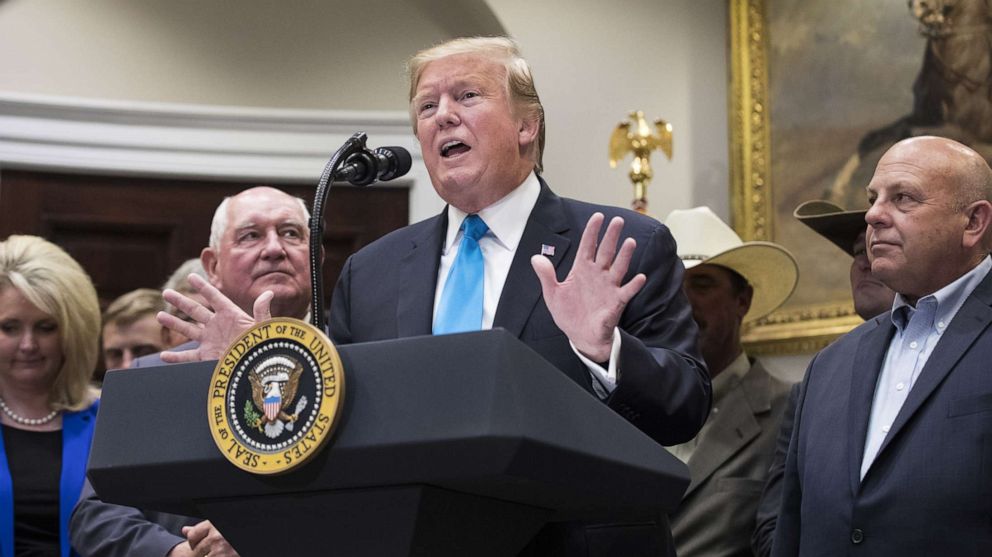PHOTO: President Donald Trump speaks during an event with American farmers and ranchers in the Roosevelt Room of the White House in Washington, May 23, 2019.