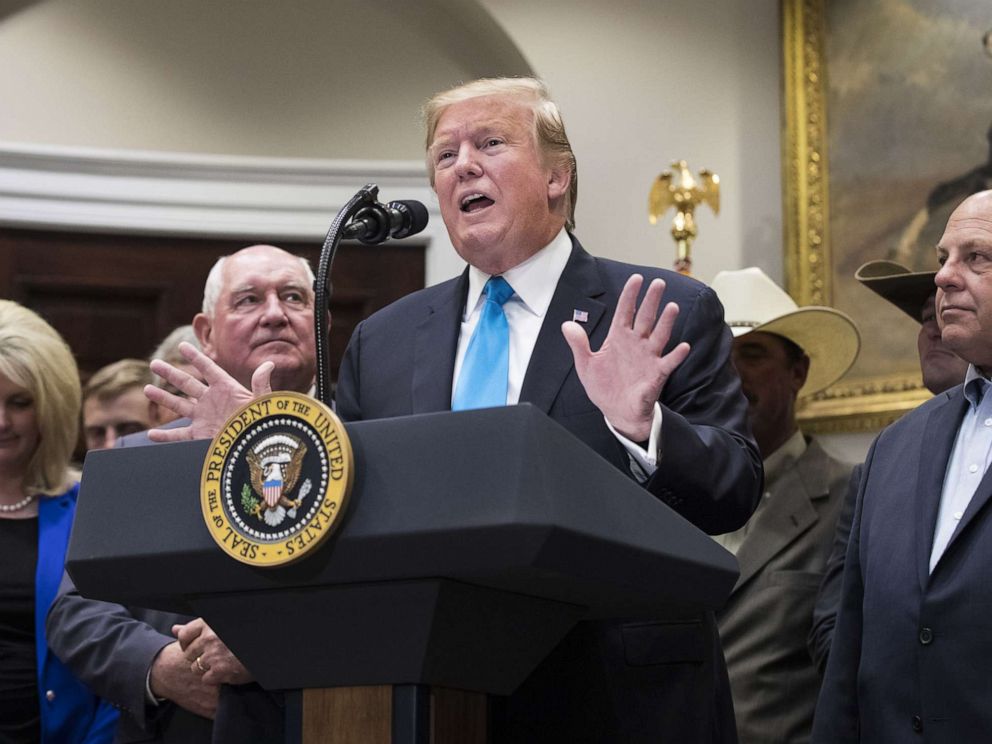 PHOTO: President Donald Trump speaks during an event with American farmers and ranchers in the Roosevelt Room of the White House in Washington, May 23, 2019.