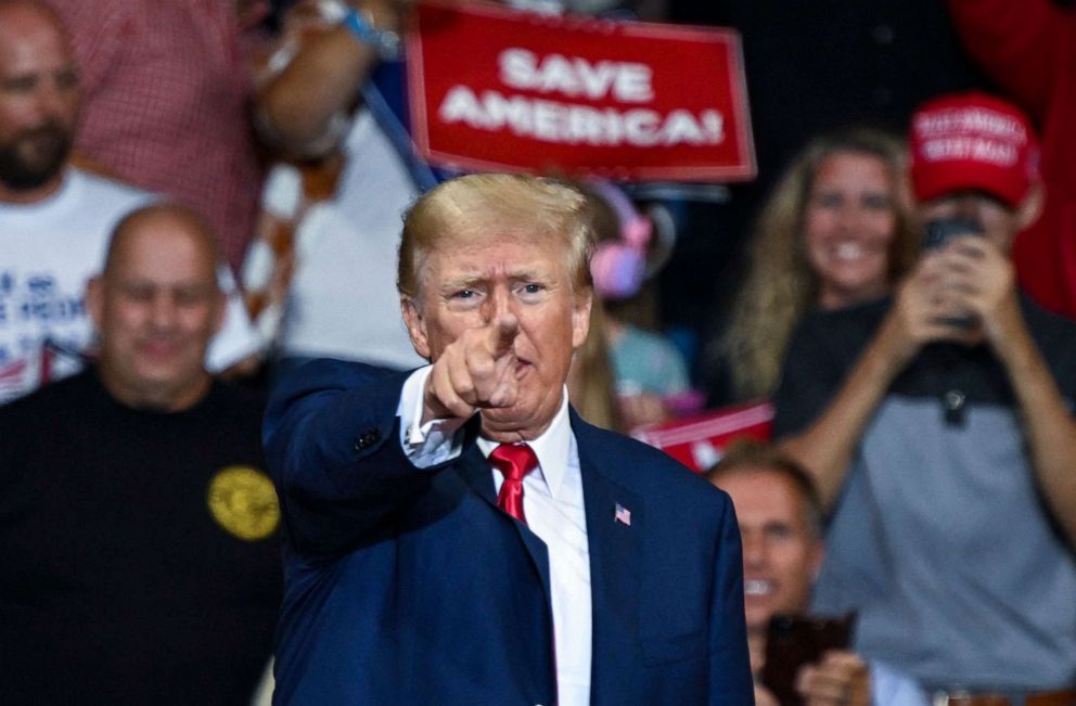 PHOTO: President Donald Trump speaks during a campaign rally in support of Doug Mastriano for Governor of Pennsylvania and Mehmet Oz for US Senate at Mohegan Sun Arena in Wilkes-Barre, Pennsylvania.