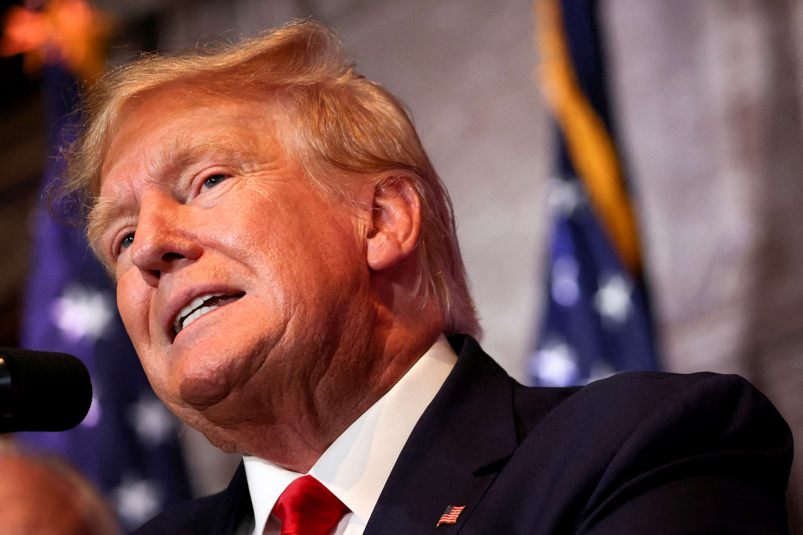 PHOTO: Former President Donald Trump speaks during a campaign stop to unveil his leadership team, at the South Carolina State House in Columbia, South Carolina, January 28, 2023.