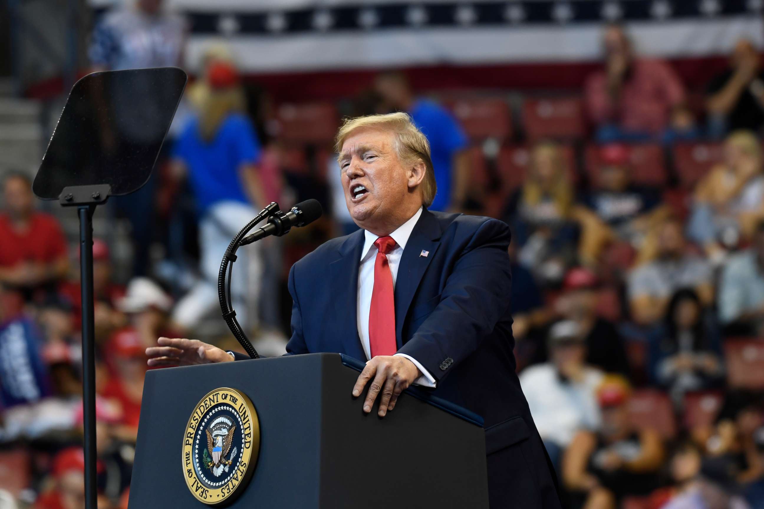 PHOTO: In this Nov. 26, 2019, photo, resident Donald Trump speaks at a campaign rally in Sunrise, Fla.