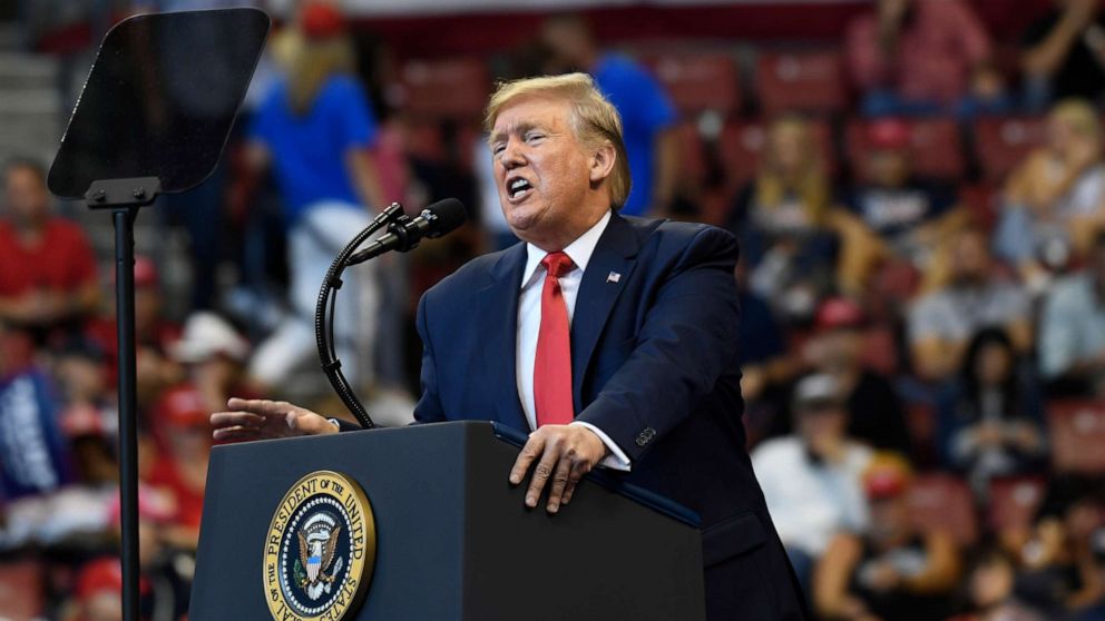 PHOTO: In this Nov. 26, 2019, photo, resident Donald Trump speaks at a campaign rally in Sunrise, Fla.